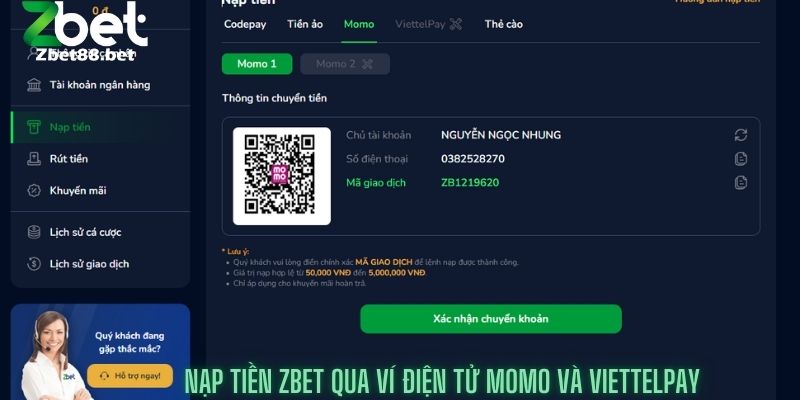 Nạp Tiền Zbet qua Ví ĐIỆN TỬ momo và viettelPay